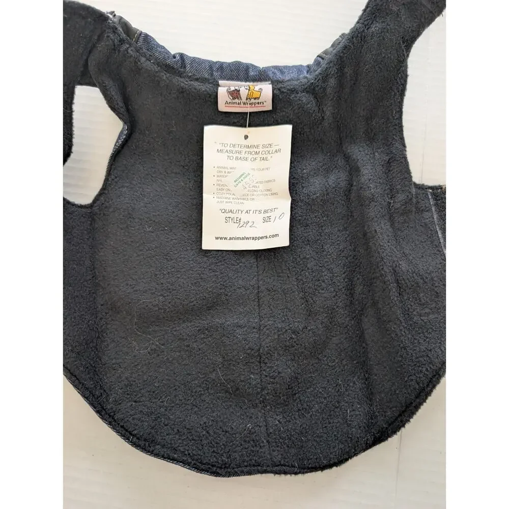 Animal Wrappers Dog Coat Size 10 Denim Crest Pockets Black Fleece Lined Made In